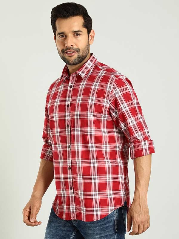 Indian Terrain Men's Regular Fit Full Sleeve Checkered Red Shirt